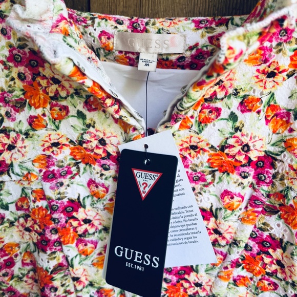 GUESS Floral Print Sangallo Carmen Mini Dress Eyelet Fabric Bustier-Style M - Picture 9 of 16